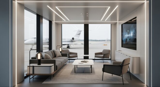 Interior view of newly installed FBO lounge prefab module featuring sleek design elements and rapid installation highlights for luxury aviation spaces.