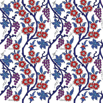 Traditional Turkish Iznik tile pattern with floral and geometric motifs, seamless ornamental background for interior, textile and ceramic design.