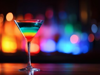 Colorful Cocktail Glass in Dramatic Backlighting: Nightclub Atmosphere, Bokeh Effects, Ideal for Menu Design