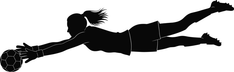 Silhouette of female soccer goalkeeper diving to catch ball in action pose, perfect for sports vector design and athletic content.