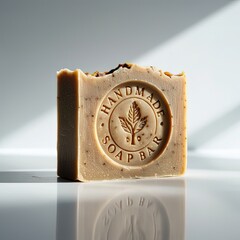 Studio photograph of a handmade soap bar with an embossed logo, isolated on a clean white background.