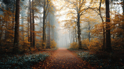 Obraz premium A misty autumn path invites you to explore the enchanting forest scenery, with warm and cozy vibes.