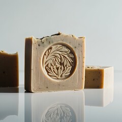Studio photograph of a handmade soap bar with an embossed logo, isolated on a clean white background.