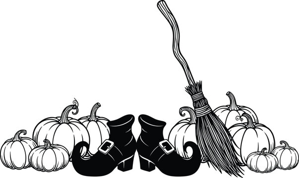 Halloween border with pumpkins, witch shoes and broom perfect for creating invitations, greeting cards and decorations