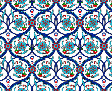 Traditional Turkish Iznik tile pattern with floral and geometric motifs, seamless ornamental background for interior, textile and ceramic design.