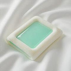 Studio photograph of a handmade soap bar with an embossed logo, isolated on a clean white background.