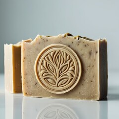 Studio photograph of a handmade soap bar with an embossed logo, isolated on a clean white background.
