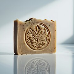 Studio photograph of a handmade soap bar with an embossed logo, isolated on a clean white background.