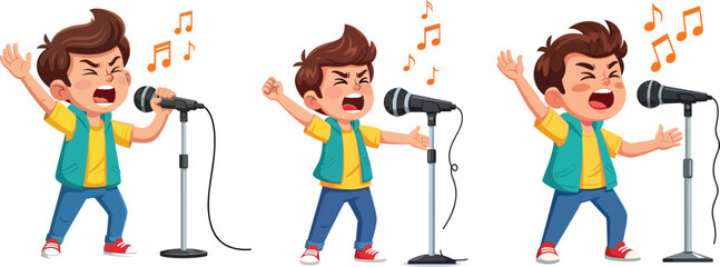 Cute cartoon boy singing loudly with microphone on stage, energetic child performer enjoying music, kids karaoke fun illustration for entertainment and education.