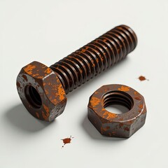 Close-up of a rusty bolt and nut set showing texture and wear, isolated on a white background.
