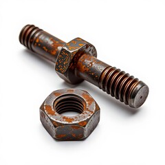 Close-up of a rusty bolt and nut set showing texture and wear, isolated on a white background.