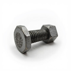 Close-up of a rusty bolt and nut set showing texture and wear, isolated on a white background.