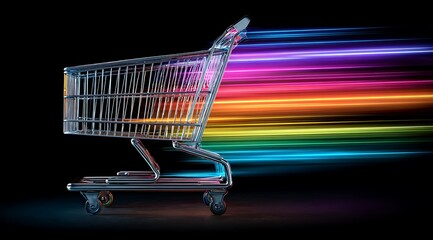 Shopping cart streaking with colorful light trails against black background