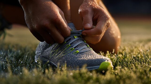 Close up of athlete tying shoelaces on running shoe preparing for outdoor exercise on grassy field
