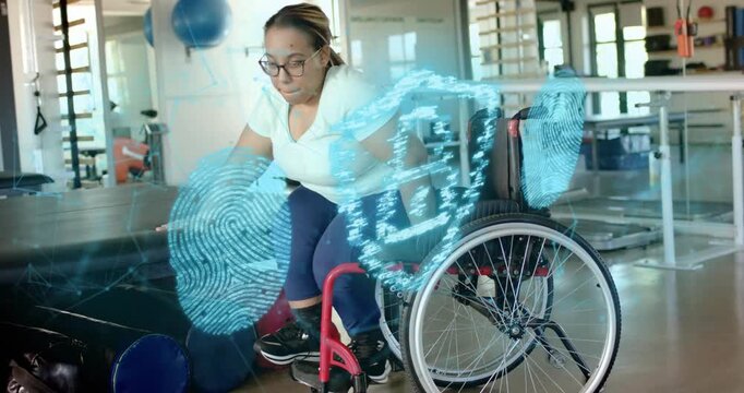 Patient pressing wheelchair wheel and leaning for bench transfer as holographic scan guiding rehab