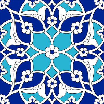 Traditional Turkish Iznik tile pattern with floral and geometric motifs, seamless ornamental background for interior, textile and ceramic design.
