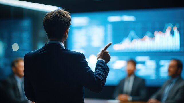 Business Presentation - Man Explaining Data to Colleagues in Meeting.