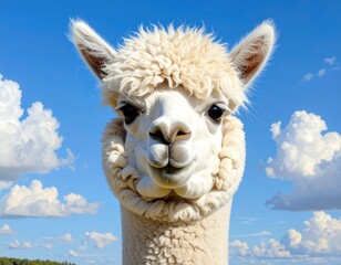 Obraz premium Close-up Portrait of an Adorable Alpaca Posing Under a Bright Blue Sky with Fluffy Clouds