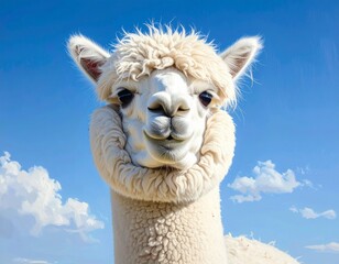Obraz premium Adorable fluffy white alpaca smiling for the camera on a beautiful sunny day with blue sky