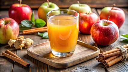 Photo of a refreshing glass of apple cider with fresh apples, cinnamon sticks, and ginger on a rustic wooden table, capturing the essence of fall harvest and cozy autumn beverages