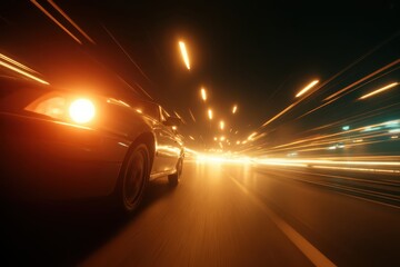 Car speeding at night with light trails, motion blur effect.