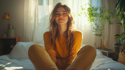 Happy Young Woman with Curly Hair in Sunny Bedroom