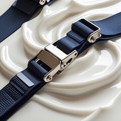 Macro close-up of a rolled yoga strap with metal buckle, isolated on white, showing texture, stitching, and hardware for physiotherapy, fitness, and stretching use.