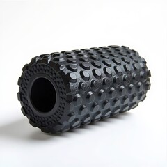 Close-up of a textured foam roller, centered and isolated on a white background, highlighting surface detail for physiotherapy and fitness use.