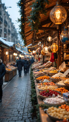 Fototapeta premium Christmas market stalls featuring multicultural foods and handmade crafts, diverse festive celebration
