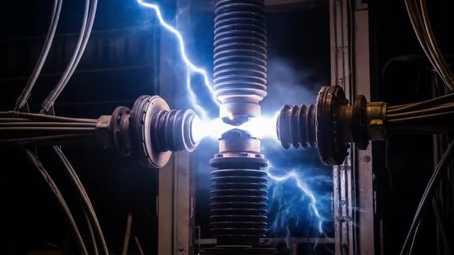 Tesla coil generating a bright blue electrical discharge