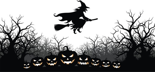 A spooky halloween night scene with a silhouetted witch flying a broom over a field of jackolanterns and bare trees