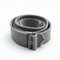 Macro close-up of a rolled yoga strap with metal buckle, isolated on white, showing texture, stitching, and hardware for physiotherapy, fitness, and stretching use.