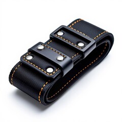 Macro close-up of a rolled yoga strap with metal buckle, isolated on white, showing texture, stitching, and hardware for physiotherapy, fitness, and stretching use.