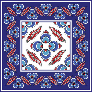 Traditional Turkish Iznik tile pattern with floral and geometric motifs, seamless ornamental background for interior, textile and ceramic design.