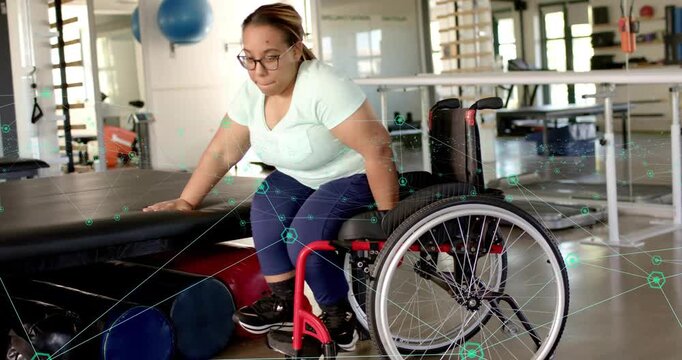 Woman adjusting grip, shifting weight on rehab bench sliding into wheelchair with graphic arrows