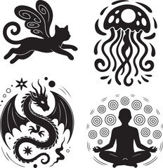 Jellyfish, Tree, Yoga & Dragon Silhouette Vector Bundle