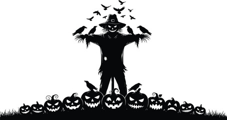 A spooky halloween scene featuring a scarecrow surrounded by pumpkins and crows, all in black silhouette for a festive design
