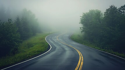Fototapeta premium Empty Mountain Road in Adirondacks on Foggy Rainy Day, Low-Angle Shot of Misty Forest Landscape for Editorial and Travel Backgrounds 