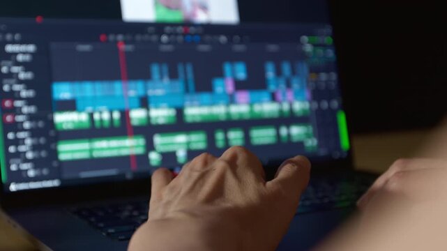 A timeline for editing video frames on a screen.
Production of visual components. Software interface.