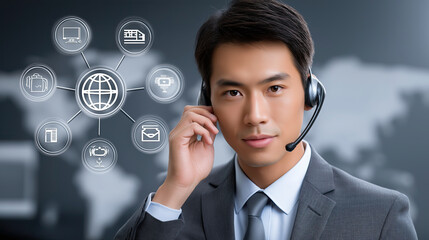 Professional customer service representative wearing headset, engaged communication, with digital icons representing global connectivity