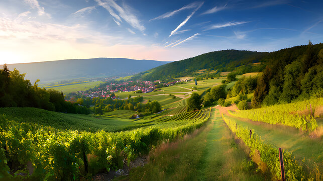 Panoramic view of a vineyard at sunset, with rolling hills and neat rows of grapevines in golden light.

