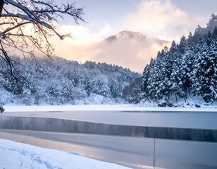 幻想的な日本の冬の自然風景素材