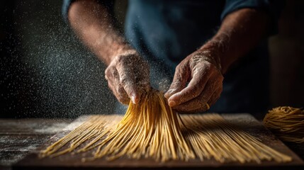 Chef preparing fresh pasta with flour on a wooden board.