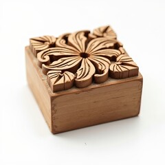 Studio photograph of a handmade soap bar with an embossed logo, isolated on a clean white background.