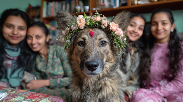 Dog adorned with garland, tika, and floral crown during Tihar Festival Kukur Tihar celebration at home with family in Nepal, honoring loyalty, faith, and tradition.