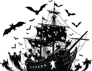 Haunted pirate ship sailing a spooky halloween night with ghosts and bats for a scary celebration