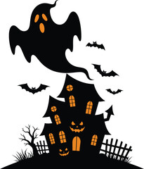 Spooky haunted house with ghost and bats flying around for a scary halloween celebration and party