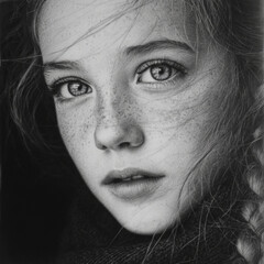 Fototapeta premium A monochrome charcoal or graphite pencil drawing of a young girl with freckles and intense, reflective eyes. The style is hyper-realistic and detailed, with visible texture in the hair and clothing