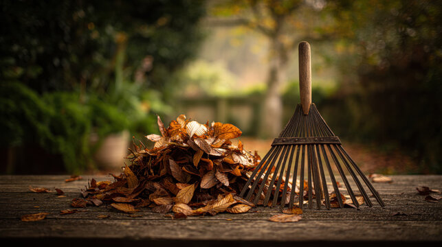 Wooden rake and fallen leaves create a cozy autumn scene, perfect for the holidays.