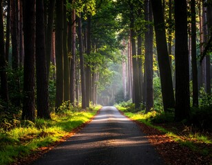 Obraz premium A sunlit path through a dense forest